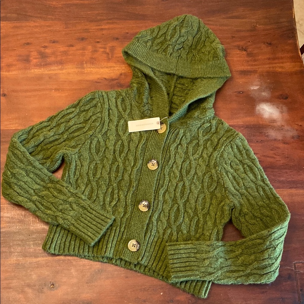 Anthropologie Green Cable Knit Hooded Cardigan